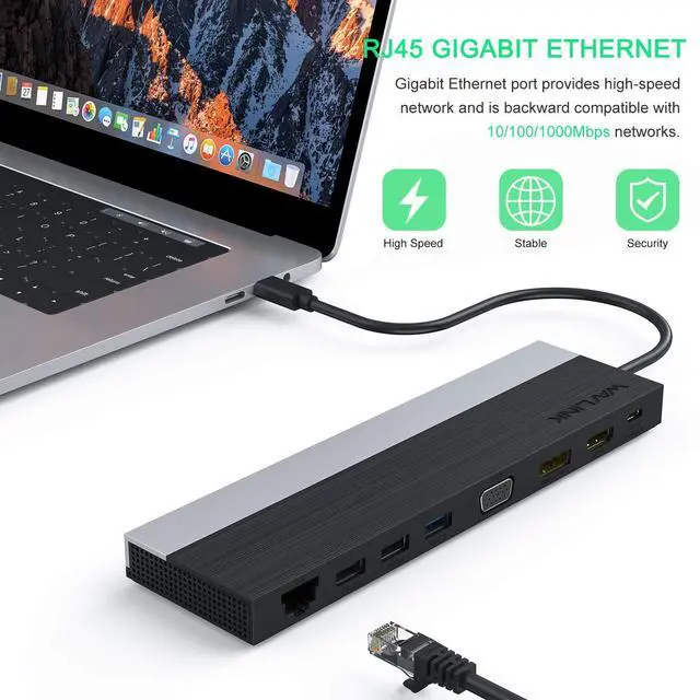 Alt view image 4 of 5 - WAVLINK 12-in-1 USB C Docking Station, Triple Display Type C Hub Multiport Adapter with HDMI, DisplayPort, VGA, Ethernet, USB-C 100W PD3.0 Charging, USB3.0, USB2.0, SD/TF Card Reader, Audio- UMD03