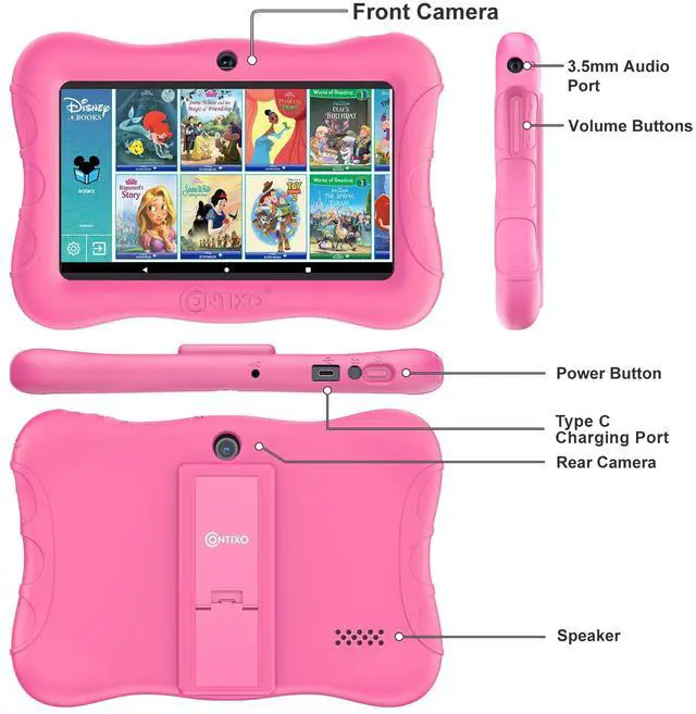 Alt view image 5 of 5 - Contixo 7 inch Kids Tablet Bundle - Ages 3-7, Android Tablets and Kids Headphones, with 50+ Disney Storybooks & Stickers (Value $200), 32GB ROM, Android 11, Learning Tablet for Kid - Pink