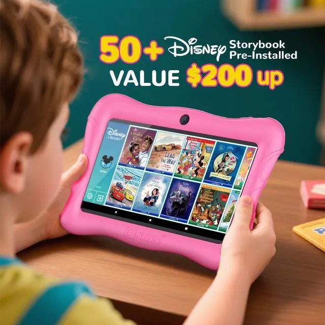 Alt view image 2 of 5 - Contixo 7 inch Kids Tablet Bundle - Ages 3-7, Android Tablets and Kids Headphones, with 50+ Disney Storybooks & Stickers (Value $200), 32GB ROM, Android 11, Learning Tablet for Kid - Pink
