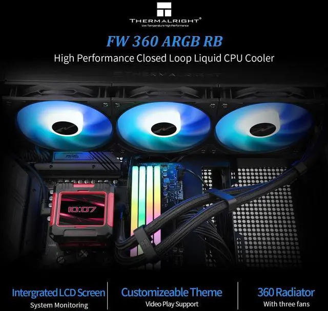 Alt view image 2 of 5 - Thermalright FW360 ARGB RB CPU AIO Cooler,360 Specification Water Cooling System,IPS LCD Screen with 320x240 Resolution,for AM5,LGA1700/1851,CPU Cooler with 2.4-in LCD Display,Magnetic Cold Head-Red