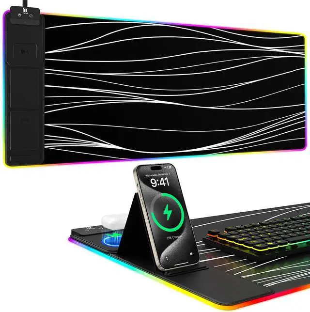 Main image of Mouse Pad with Phone Holder, Wireless Charging Desk Mat, RGB Gaming Mousepad Home Office Large Desk Pad with Ultra-Smooth Surface, Non-Slip Base, Waterproof Keyboard Pad,Wavy Black