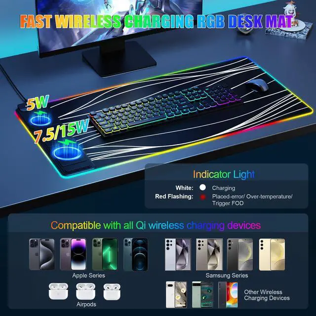 Alt view image 2 of 5 - Mouse Pad with Phone Holder, Wireless Charging Desk Mat, RGB Gaming Mousepad Home Office Large Desk Pad with Ultra-Smooth Surface, Non-Slip Base, Waterproof Keyboard Pad,Wavy Black