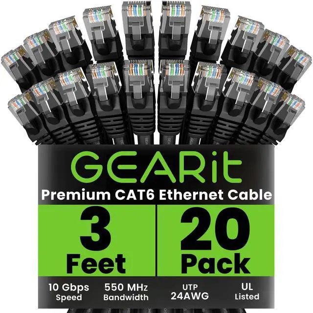 Main image of GearIT Cat 6 Snagless Patch Ethernet Cable, 3 Feet (20 Pack) - Black