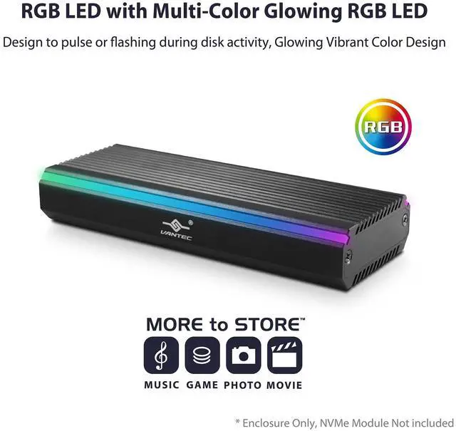 Alt view image 2 of 5 - Vantec NexStar SX, USB 3.2 Gen2x1 Type C RGB Enclosure for M.2 NVMe or M.2 SATA, Multi-Color RGB, Pocket Size, Anodized Aluminum, toolless Mount, UASP, No Drivers Needed (NST-211C3-RGB)