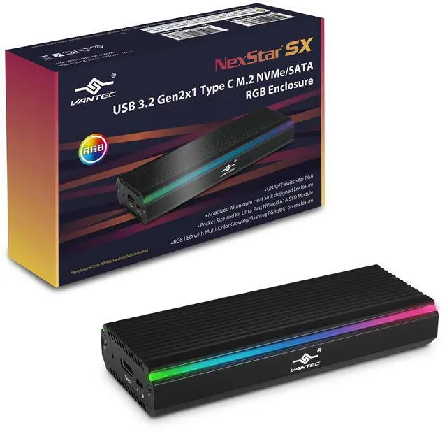 Main image of Vantec NexStar SX, USB 3.2 Gen2x1 Type C RGB Enclosure for M.2 NVMe or M.2 SATA, Multi-Color RGB, Pocket Size, Anodized Aluminum, toolless Mount, UASP, No Drivers Needed (NST-211C3-RGB)