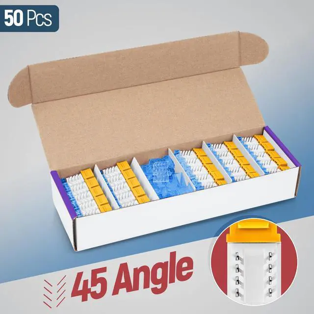 Alt view image 2 of 5 - Everest 45° Angled RJ45 Cat5e Keystone Jacks 50-Pack in Yellow - Slim Profile Female RJ45 Connectors - Cat 5e Keystone Jack - Compatible with 45° Angled Speed Termination Tool - 45Term (B0BL3GS7ZY)