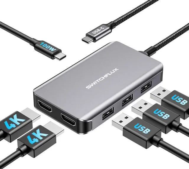 Main image of SWITCHFLUX USB C Docking Station Dual Monitors Adapter,6 in 1 USB C Hub for Dual 4K HDMI Display,USB C Hub with 2×HDMI,3×USB Port,100WPD Compatible for MacBook Air/Pro,Dell XPS,and More