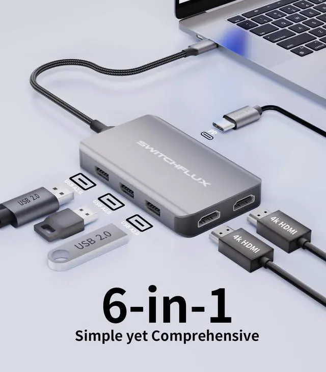 Alt view image 3 of 5 - SWITCHFLUX USB C Docking Station Dual Monitors Adapter,6 in 1 USB C Hub for Dual 4K HDMI Display,USB C Hub with 2×HDMI,3×USB Port,100WPD Compatible for MacBook Air/Pro,Dell XPS,and More
