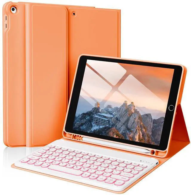 Main image of SZPSGC Case for iPad 9th/8th/7th Generation with Keyboard 10.2 Inch 2021/2020/2019, 7 Colors Backlit Detachable Keyboard, Soft TPU Back Folio Stand Cover with Pencil Slots, Orange