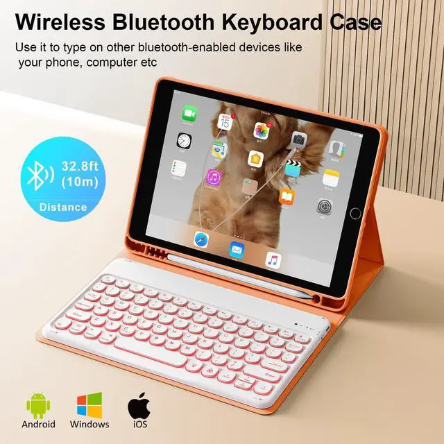 Alt view image 3 of 5 - SZPSGC Case for iPad 9th/8th/7th Generation with Keyboard 10.2 Inch 2021/2020/2019, 7 Colors Backlit Detachable Keyboard, Soft TPU Back Folio Stand Cover with Pencil Slots, Orange