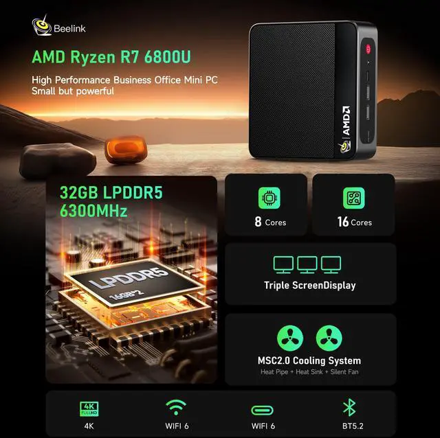 Alt view image 2 of 5 - Beelink Mini PC, AMD Ryzen 7 6800U(up to 4.7GHz), 32GB LPDDR5 1TB PCIe4.0, Radeon 680M Graphics Triple 4K Display, Wi-Fi 6/BT5.2, Office Mini Desktop Computer