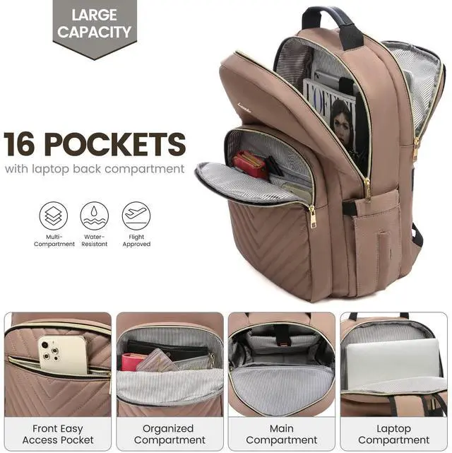 Alt view image 2 of 5 - LOVEVOOK Laptop Backpack for Women 17.3 inch,Cute Womens Travel Backpack Purse,Professional Laptop Computer Bag,Waterproof Work Business College Teacher Bags Carry on Backpack with USB Port,Brown