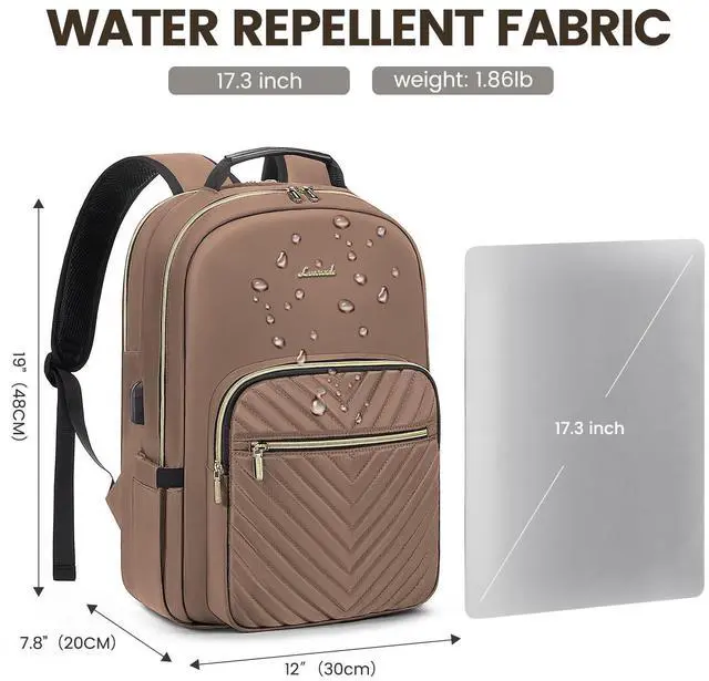 Alt view image 4 of 5 - LOVEVOOK Laptop Backpack for Women 17.3 inch,Cute Womens Travel Backpack Purse,Professional Laptop Computer Bag,Waterproof Work Business College Teacher Bags Carry on Backpack with USB Port,Brown