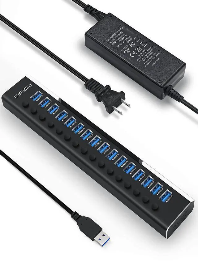 Main image of Powered USB Hub Rosonway 16 Ports 96W USB 3.0 Data Hub Aluminum USB Hub 3.0 Splitter with 12V/8A Power Adapter and Individual On/Off Switches RSH-A16 (Black)