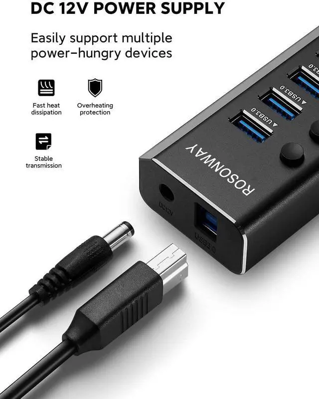 Alt view image 4 of 5 - Powered USB Hub Rosonway 16 Ports 96W USB 3.0 Data Hub Aluminum USB Hub 3.0 Splitter with 12V/8A Power Adapter and Individual On/Off Switches RSH-A16 (Black)