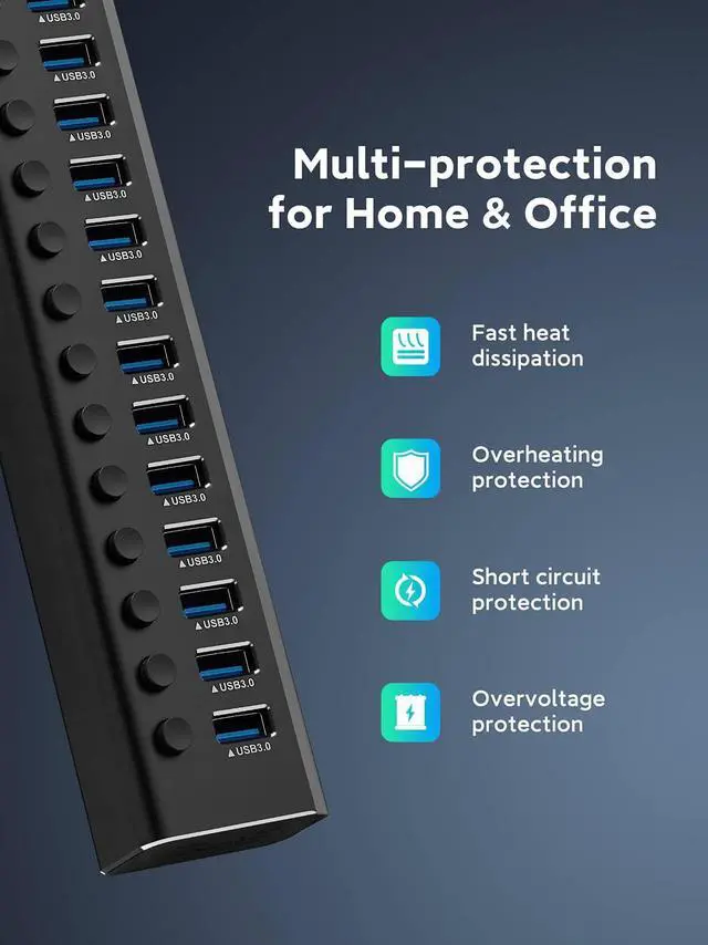 Alt view image 5 of 5 - Powered USB Hub Rosonway 16 Ports 96W USB 3.0 Data Hub Aluminum USB Hub 3.0 Splitter with 12V/8A Power Adapter and Individual On/Off Switches RSH-A16 (Black)