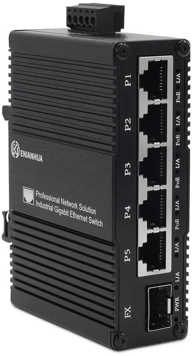 Main image of ENIANHUA Industrial 6 Ports Gigabit Solar POE Ethernet Network Switch, 5 x 10/100/1000 Base-T RJ45 Ports, 1 x 1000Base-X SFP Slot, Support 11~56V DC, Aluminum Case, Compact POE Power for Solar Power