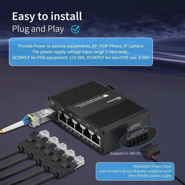 Alt view image 2 of 5 - ENIANHUA Industrial 6 Ports Gigabit Solar POE Ethernet Network Switch, 5 x 10/100/1000 Base-T RJ45 Ports, 1 x 1000Base-X SFP Slot, Support 11~56V DC, Aluminum Case, Compact POE Power for Solar Power