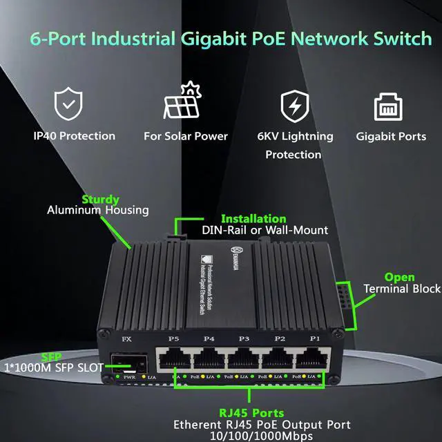 Alt view image 3 of 5 - ENIANHUA Industrial 6 Ports Gigabit Solar POE Ethernet Network Switch, 5 x 10/100/1000 Base-T RJ45 Ports, 1 x 1000Base-X SFP Slot, Support 11~56V DC, Aluminum Case, Compact POE Power for Solar Power