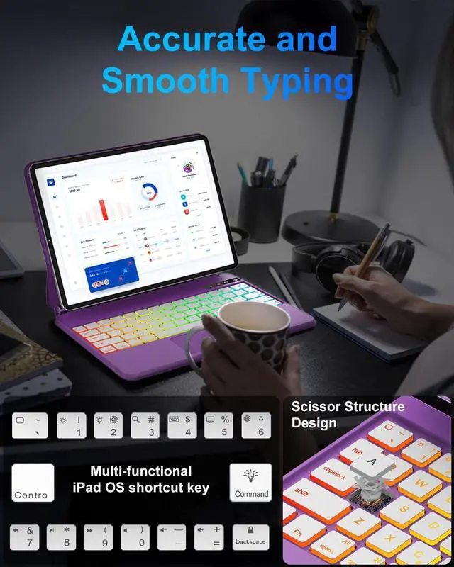 Alt view image 3 of 5 - Magic Keyboard Case for iPad Air 11-inch (M3 2025/M2 2024) / iPad Pro 11" (4th/3rd/2nd/1st Gen) / iPad Air 5th 4th Gen - Magnetic Folio Smart Keyboard Cover with Backlit Multi-Touch Trackpad - Purple