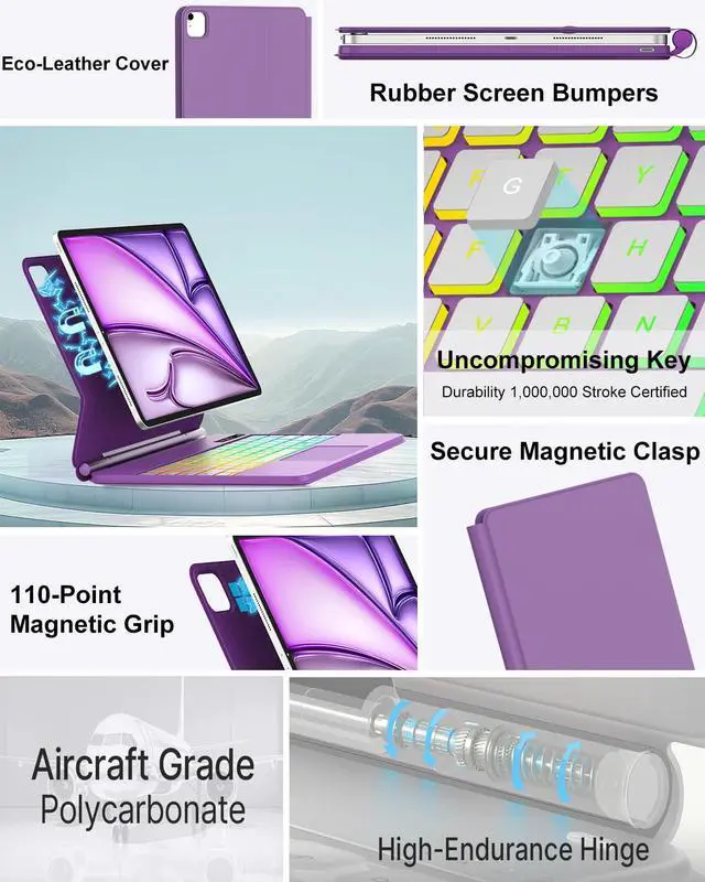 Alt view image 4 of 5 - Magic Keyboard Case for iPad Air 11-inch (M3 2025/M2 2024) / iPad Pro 11" (4th/3rd/2nd/1st Gen) / iPad Air 5th 4th Gen - Magnetic Folio Smart Keyboard Cover with Backlit Multi-Touch Trackpad - Purple