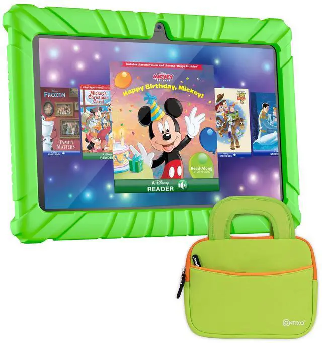 Main image of Contixo 7 inch Kids Tablet - V8 Tablet for Kids and Sleeve Bag Bundle, Age 3-7, Pre-Loaded 50+ Disney Storybooks, 32GB, Android 11, Parental Controls, Back to School Gift - Green (Boys & Grils)