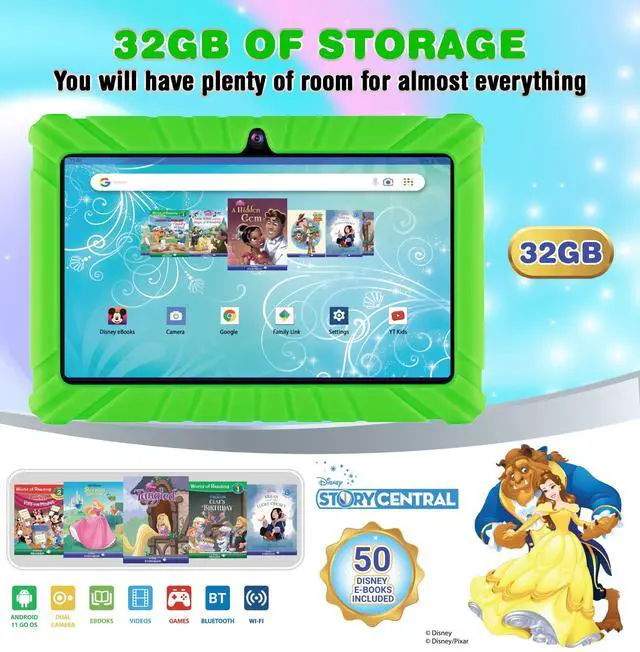 Alt view image 3 of 5 - Contixo 7 inch Kids Tablet - V8 Tablet for Kids and Sleeve Bag Bundle, Age 3-7, Pre-Loaded 50+ Disney Storybooks, 32GB, Android 11, Parental Controls, Back to School Gift - Green (Boys & Grils)
