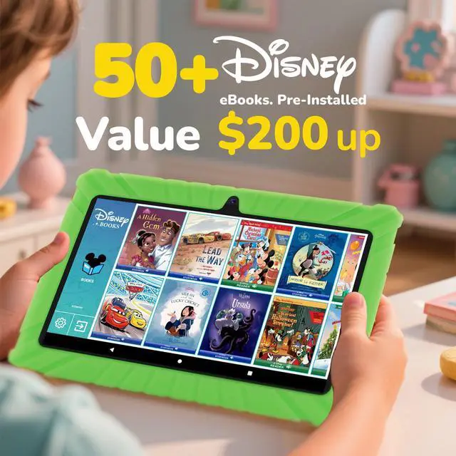 Alt view image 2 of 5 - Contixo 7 inch Kids Tablet - V8 Tablet for Kids and Sleeve Bag Bundle, Age 3-7, Pre-Loaded 50+ Disney Storybooks, 32GB, Android 11, Parental Controls, Back to School Gift - Green (Boys & Grils)