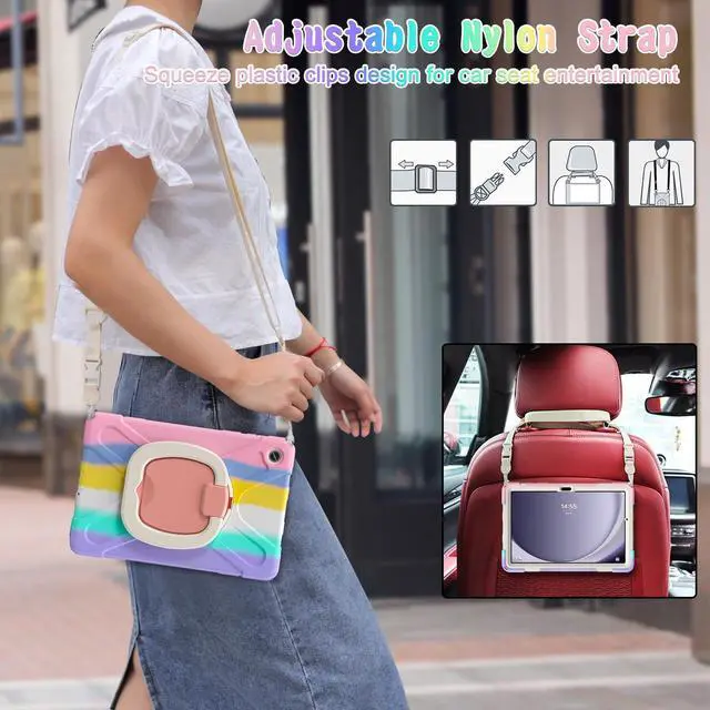 Alt view image 3 of 5 - PboyiqiS Case for Galaxy Tab A9 Plus 11" 2023 (SM-X210/ X215/ X216), Heavy Duty Protective Case with 360 Degree Swivel Stand&Hand Strap&Shoulder Strap (Colourful Pink)