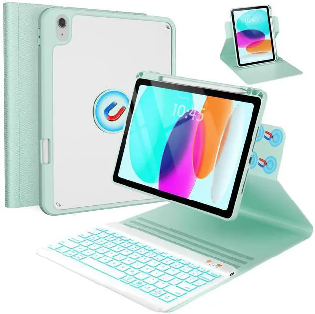 Main image of BLUTLOTUS for iPad 11th (A16) 10th Generation Case with Keyboard (2025/2022) - 360° Rotatable Magnetic Folio Cover, 7 Color Backlit Detachable Keyboard with Pencil Holder(Green)