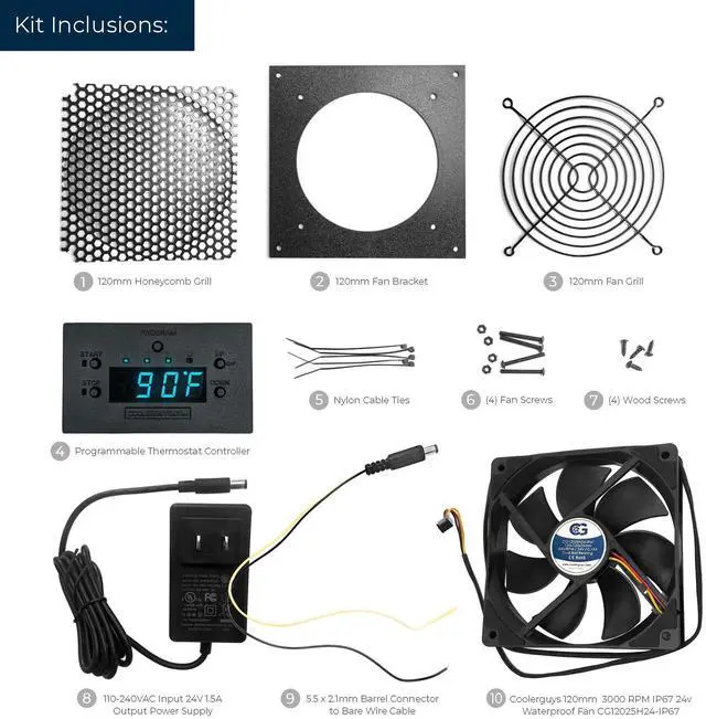 Alt view image 5 of 5 - Coolerguys Single 120mm 24v Fan Cooling Kit with Programmable Thermostat Controller, Power Supply and Adapter Cable