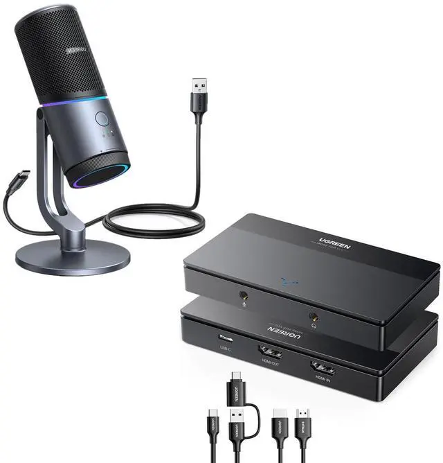 Main image of UGREEN 4K Video Capture Card, Full HD 1080P 60FPS USB/Type-C 3.0 HDMI Video Capture Device Bundle Microphone for PC, USB Mic with RGB Lights, Mute Button, 24bit/96kHz, Cardioid Polar
