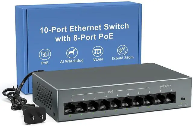 Main image of YuanLey 8 Port Gigabit PoE Switch with 2 Gigabit Uplink, 8 Port PoE+ 1000Mbps, 85W 802.3af/at, Extend Function, Metal, Fanless, AI WatchDog, Unmanaged Plug and Play Smart Detection Ethernet Switch