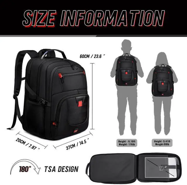 Alt view image 4 of 5 - Z-MGKISS 18.4 Large Travel Backpack, USB Computer Bagpack Fits 18.4 Inch Laptop, Business Backpack for Men, TSA Flight Approved, Laptop Backpacks, Black