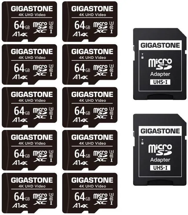 Main image of GIGASTONE 64GB Micro SD Card 10-Pack, 4K UHD Video, Surveillance Security Cam Action Camera Drone Professional, 90MB/s Micro SDXC UHS-I A1 Class 10