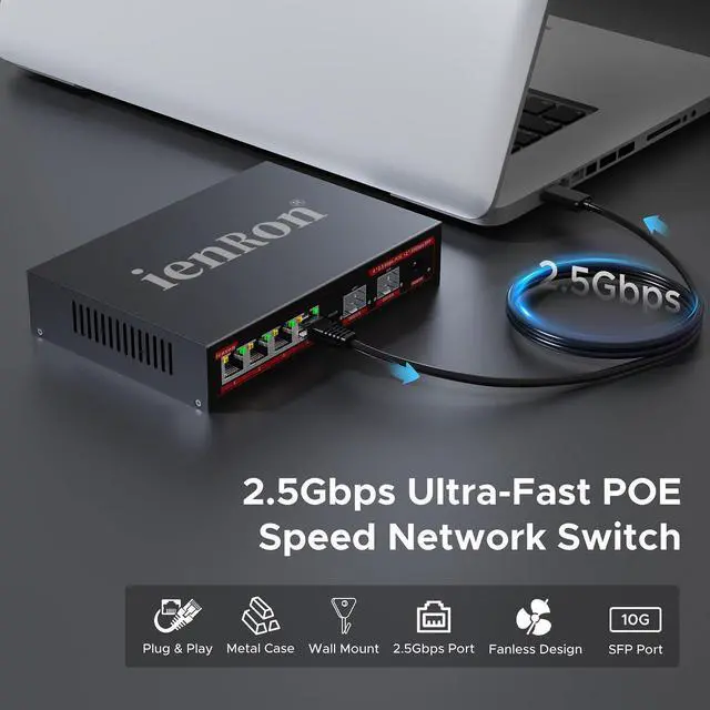 Alt view image 3 of 5 - IenRon 4 Ports 2.5Gb PoE Switch with 2-Port 10Gb SFP+ Ethernet, 6*2.5G POE +2*10G SFP Switches, 65W Fanless Metal IEEE802.3af/at Wall Mountable for IP Cameras/ AP/NAS/Security System for Home/Office