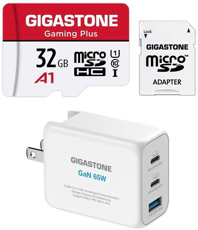 Main image of Gigastone 65W GaN Charger & Micro SD Card Bundle, 65W USB C Fast Charging for iPhone with 32GB Micro SD Card, Gaming Plus, MicroSDXC Memory Card for Nintendo-Switch, Steam Deck, 4K Video Recording