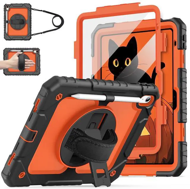 Main image of Cantis Case for iPad 11-inch (A16) 2025/ iPad 10th Generation 2022 (10.9 inch) with Screen Protector, iPad 11th Case with 360 Degree Rotating Stand/Shoulder Strap/Pencil Holder, Black+Orange