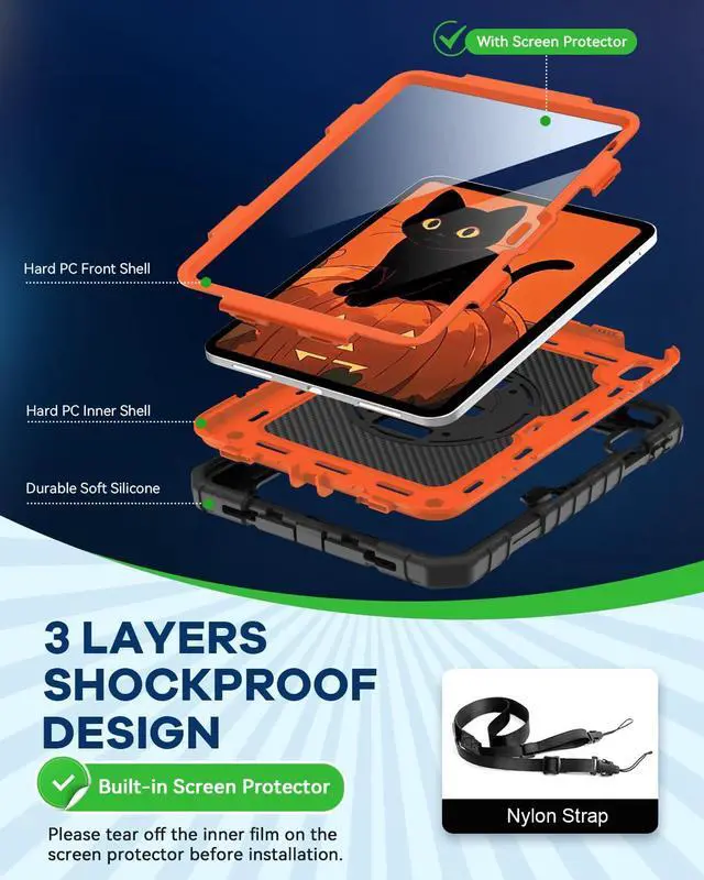 Alt view image 3 of 5 - Cantis Case for iPad 11-inch (A16) 2025/ iPad 10th Generation 2022 (10.9 inch) with Screen Protector, iPad 11th Case with 360 Degree Rotating Stand/Shoulder Strap/Pencil Holder, Black+Orange