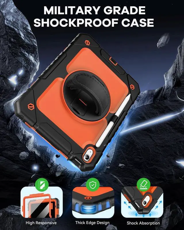 Alt view image 4 of 5 - Cantis Case for iPad 11-inch (A16) 2025/ iPad 10th Generation 2022 (10.9 inch) with Screen Protector, iPad 11th Case with 360 Degree Rotating Stand/Shoulder Strap/Pencil Holder, Black+Orange