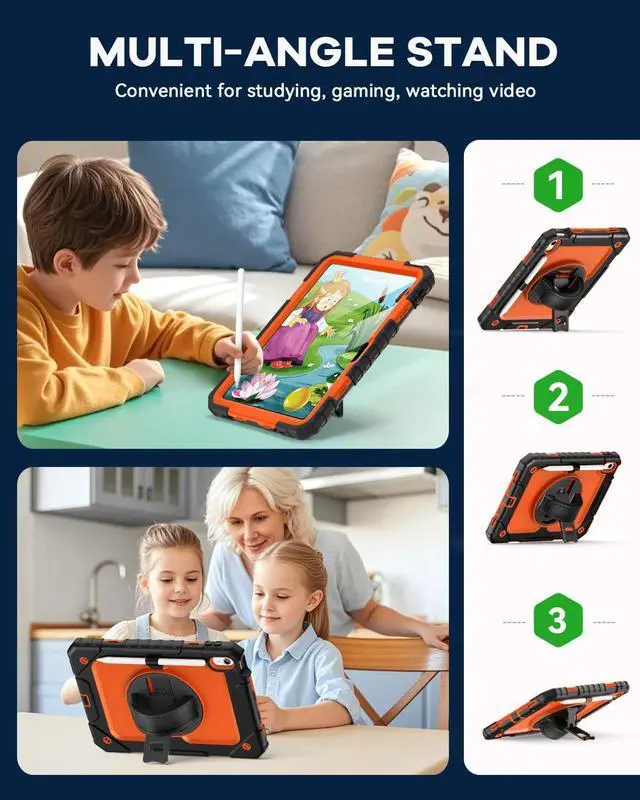 Alt view image 5 of 5 - Cantis Case for iPad 11-inch (A16) 2025/ iPad 10th Generation 2022 (10.9 inch) with Screen Protector, iPad 11th Case with 360 Degree Rotating Stand/Shoulder Strap/Pencil Holder, Black+Orange