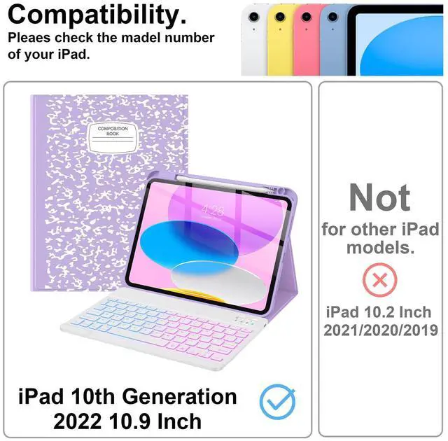 Alt view image 3 of 5 - Supveco Keyboard Case for iPad (A16) 11th/10th Generation 11&10.9 Inch with Pencil Holder,7 Colors Backlit Wireless Detachable Folio Keyboard Cover for iPad 11th/10th Gen 2025/2022-Lilac