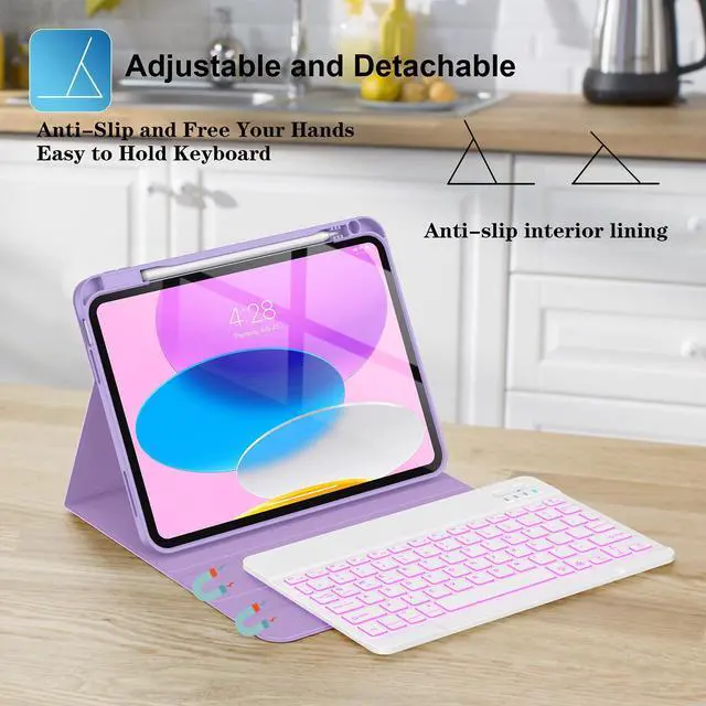 Alt view image 5 of 5 - Supveco Keyboard Case for iPad (A16) 11th/10th Generation 11&10.9 Inch with Pencil Holder,7 Colors Backlit Wireless Detachable Folio Keyboard Cover for iPad 11th/10th Gen 2025/2022-Lilac