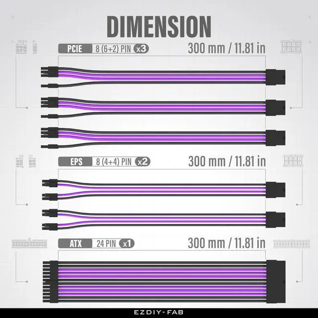 Alt view image 2 of 5 - EZDIY-FAB PSU Cable Extension Kit,16AWG Power Supply Extension Cable,1x24Pin/2x4+4 EPS/3x6+2 PCI-E,Custom PC Sleeve Cable 300MM with Combs-Black Purple