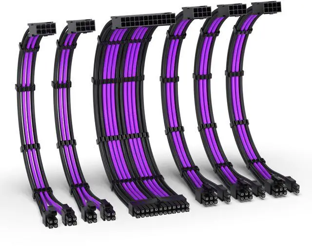 Main image of EZDIY-FAB PSU Cable Extension Kit,16AWG Power Supply Extension Cable,1x24Pin/2x4+4 EPS/3x6+2 PCI-E,Custom PC Sleeve Cable 300MM with Combs-Black Purple