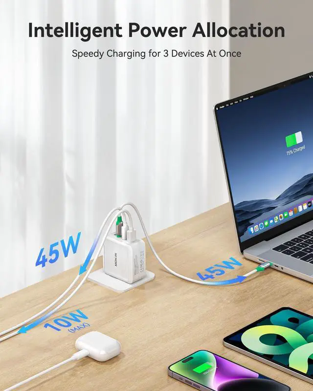 Alt view image 3 of 5 - 100W USB C Charger Block, 3-Port GaN+ USB C Super Fast Charger Foldable Compact Wall Charger for iPhone 16/15 Series, Galaxy S24/S23, iPad Pro, MacBook Air, Google Pixelbook, Steam Deck
