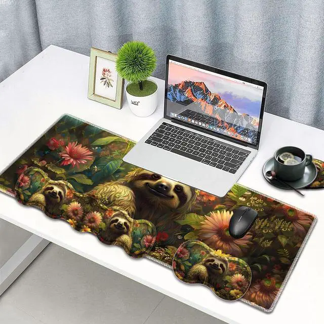 Alt view image 2 of 5 - Large Gaming Mouse Pad, Keyboard Wrist Rest Pad + Mouse Wrist Pad + Coaster 4 in 1 Set, Extended Waterproof Non-Slip Desk Mat, Suitable for Office Home Learning Games, Flower Sloth