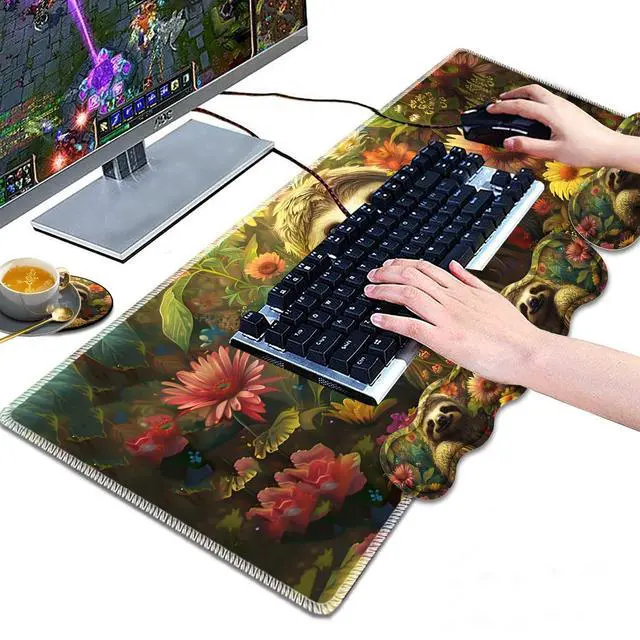 Alt view image 4 of 5 - Large Gaming Mouse Pad, Keyboard Wrist Rest Pad + Mouse Wrist Pad + Coaster 4 in 1 Set, Extended Waterproof Non-Slip Desk Mat, Suitable for Office Home Learning Games, Flower Sloth