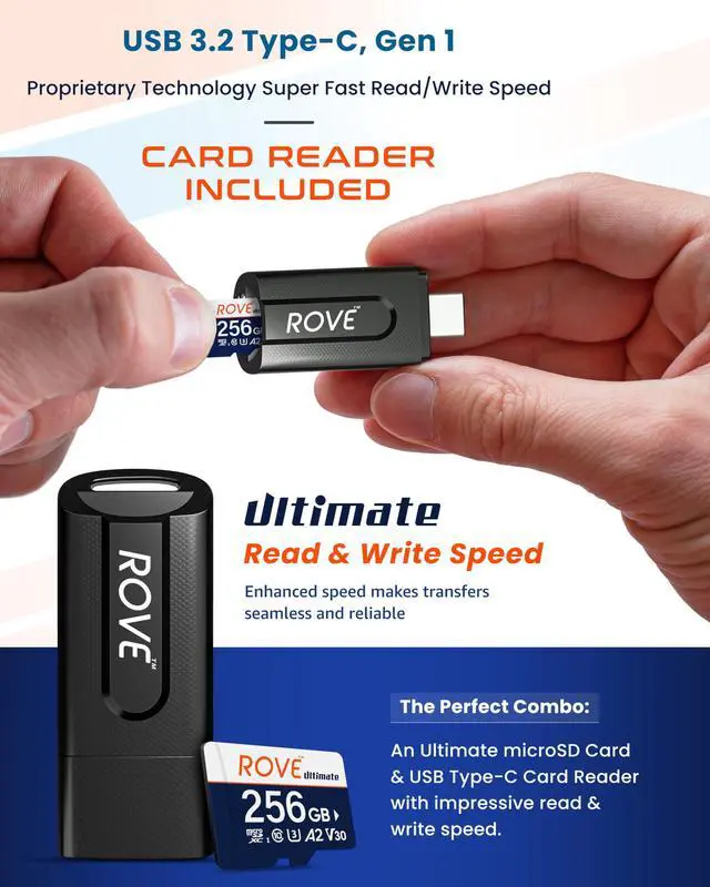 Alt view image 3 of 5 - ROVE Ultimate Micro SD Card microSDXC 256GB Memory Card with USB 3.2 Type C Card Reader 170MB/s C10, U3, V30, 4K, A2 for Dash Cam, Android Smart Phones, Tablets, Games