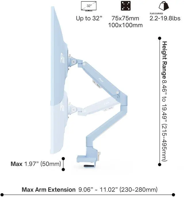 Alt view image 4 of 5 - Pixio PS1S Wave Blue Single Monitor Arm Stand Desk Mount - Fits up to 32 inches Monitors and up to 19.8lbs. VESA Compatibility and Integrated Cable Management